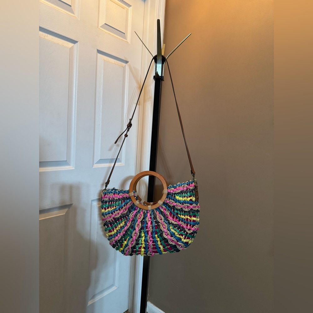 Patricia Nash Preloved Lesa Large Straw & Leather Tote Bag w/ Wooden Handl